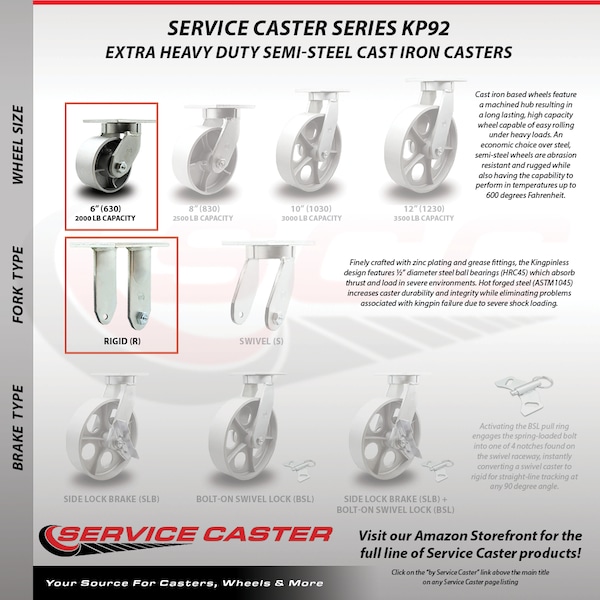 6 Inch Heavy Duty Semi Steel Cast Iron Caster Swivel Locks 2 Rigid SCC, 2PK